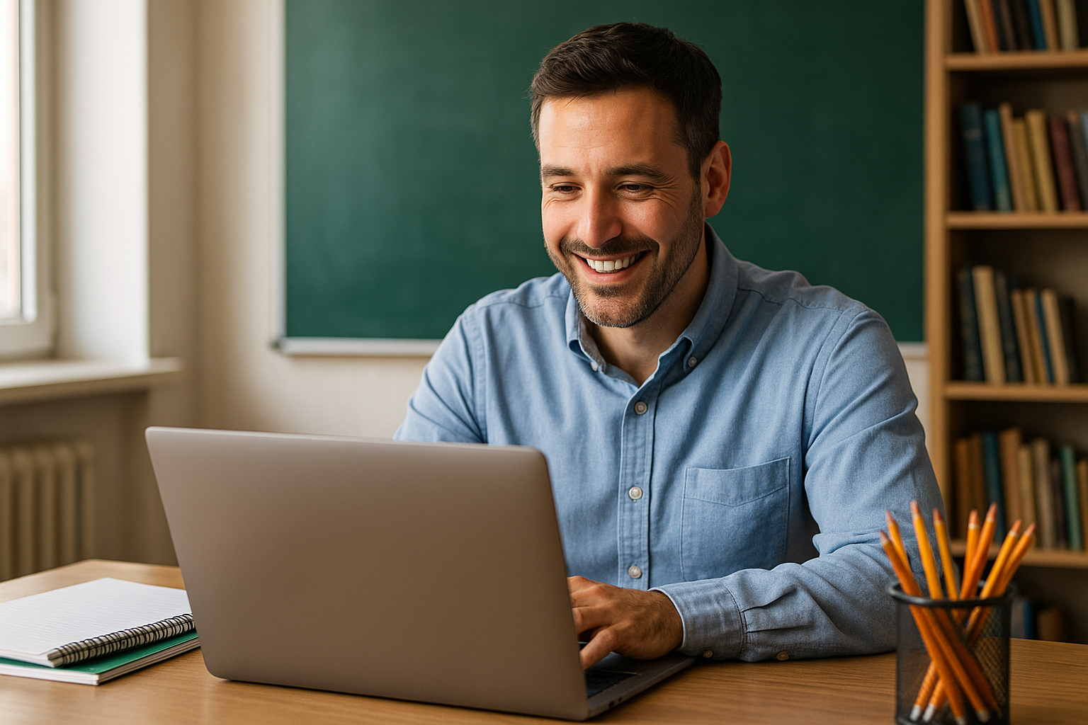 Enseignant heureux préparant ses cours sur ordinateur